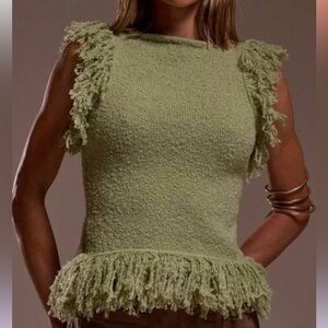 Green Fringe Knit Sleeveless Top